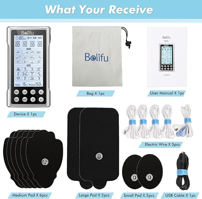 Belifu 4 Independent Channel TENS EMS Unit, 24 Modes,30 Level Intensity Muscle Stimulator Machine, Rechargeable Electric Pulse Massager with 10 Pads&5 Set Leads Wires, for Pain Relief Therapy (Silver)