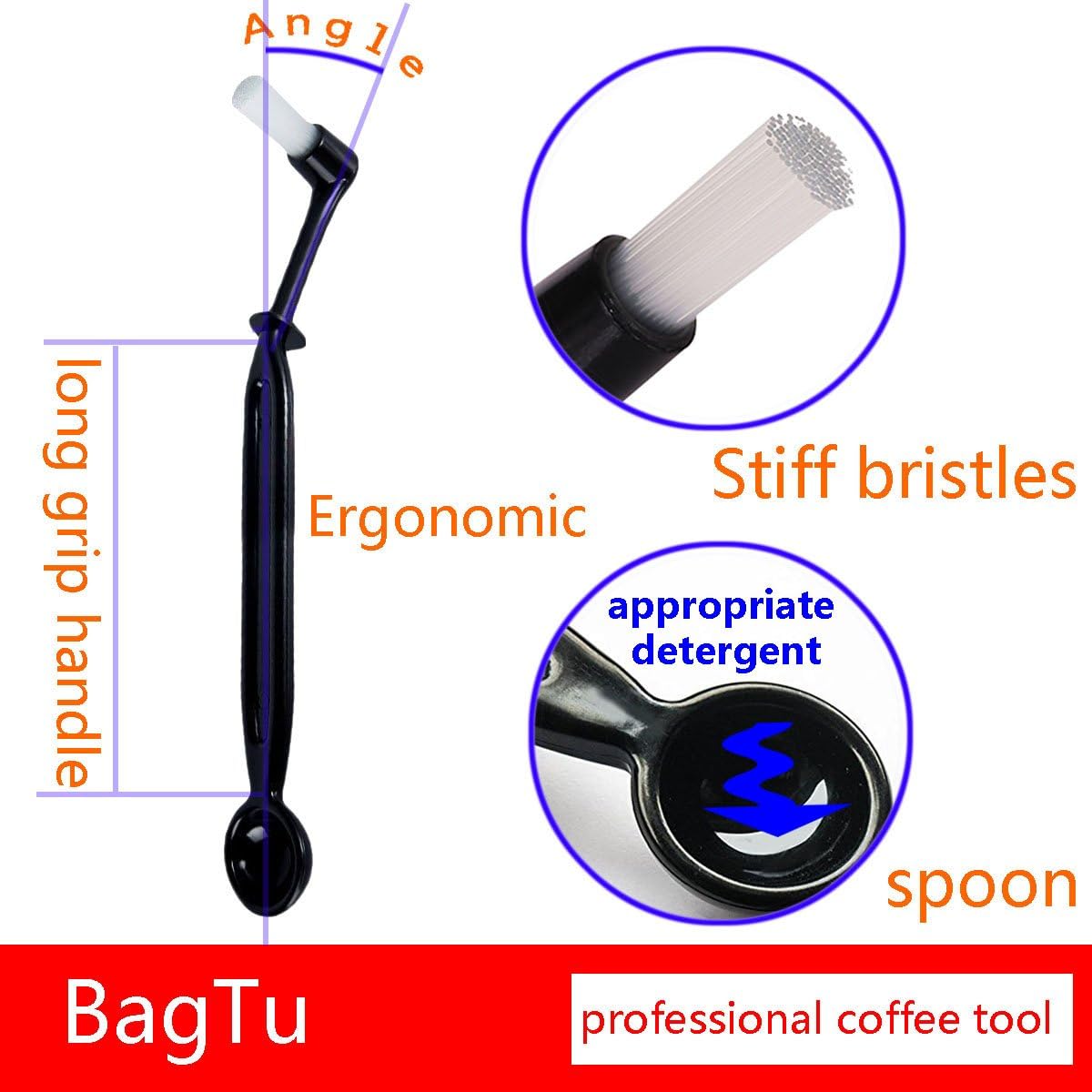 Coffee Machine Cleaning Brush with Spoon Tool Set for Espresso Machine Group Head,Pack of 3,Black
