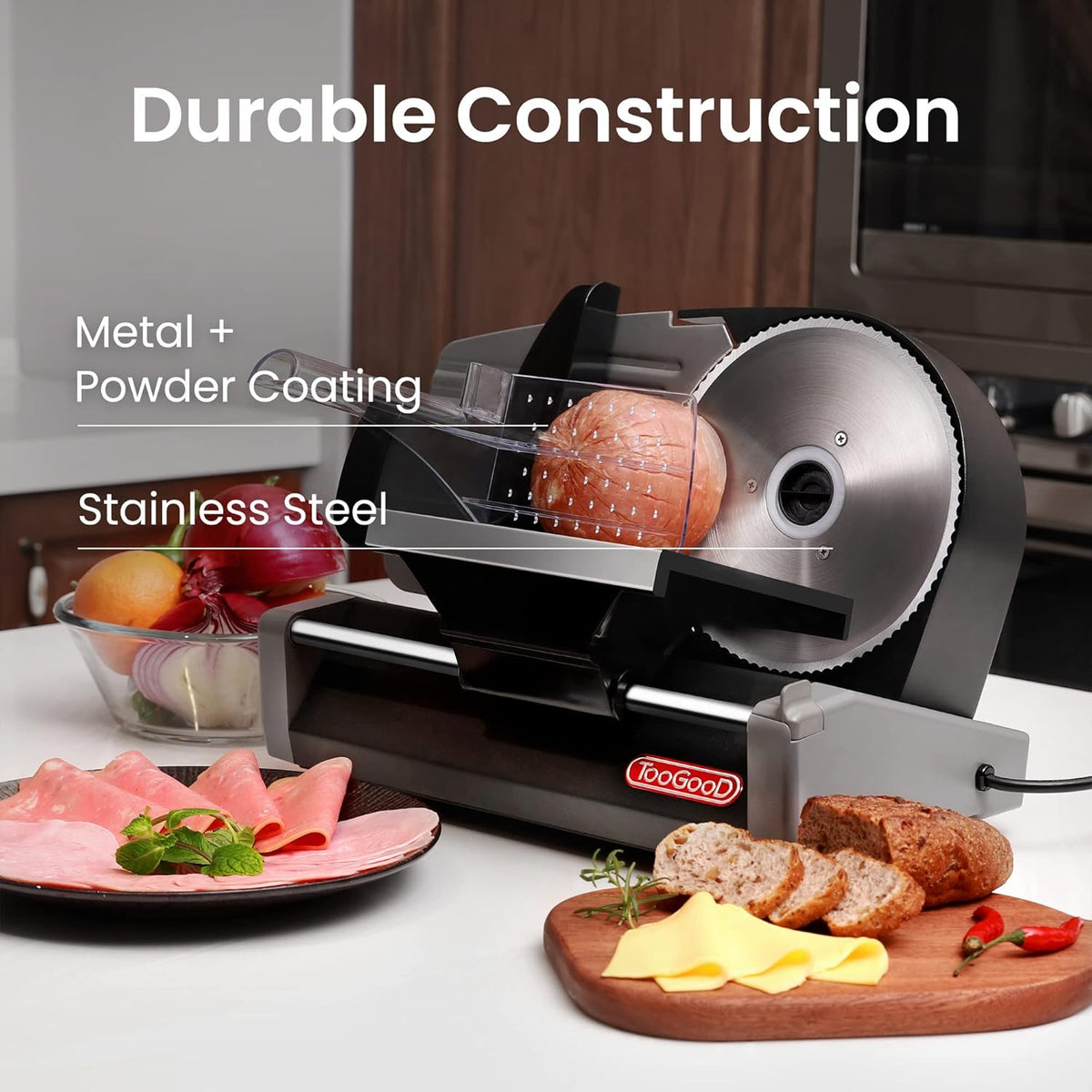 TooGood Meat Slicer for Home, Electric Food Slicer with 7.5" Stainless Steel Blade, 1/4 HP, 0-15mm Adjustable Thickness, Deli Food Slicer Machine for Meat, Bread, Fruit, Cheese