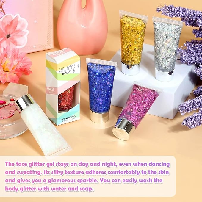 6 Colors Body Face Glitter Gel for Skin and Hair, Makeup Sparkles Rave Accessories for Festival Outfits, Mermaid Decorations, Disco Cowgirl, Mardi Gras