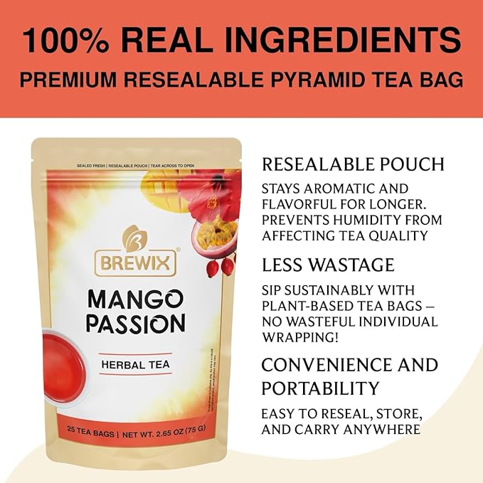 BREWIX, Mango Passion Fruit Herbal Tea Bags – 25 Plant-Based Pyramid Bags | Iced or Hot | Hibiscus, Citrus Peel, Lemongrass | Caffeine-Free & Naturally Uplifting Wellness Brew