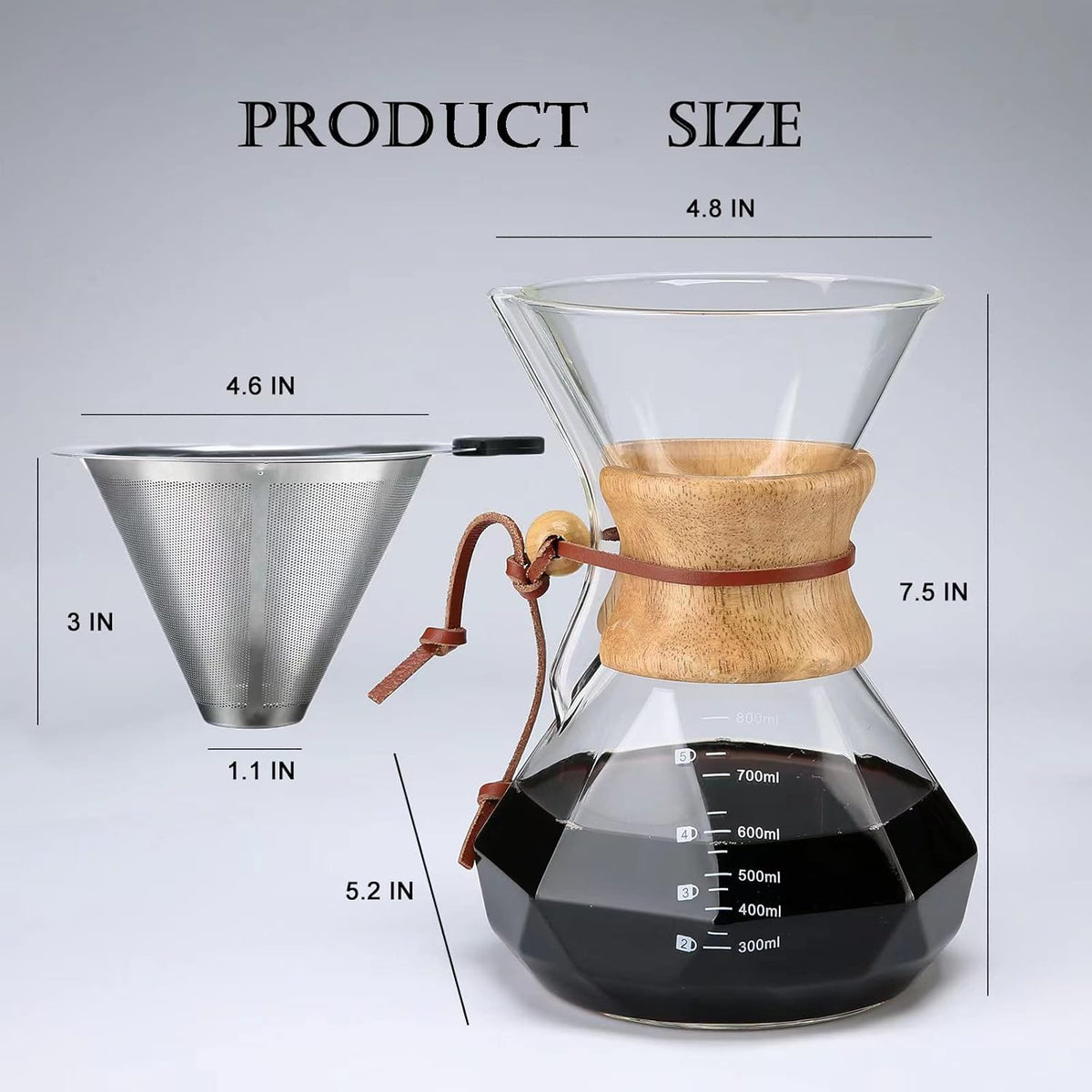 Pour Over Coffee Maker with Reusable Stainless Steel Filter, 27 oz Borosilicate Glass Coffee Carafe, Wooden Collar, Coffee Maker Carafe, Hold 4-6 Cups, 800 ml, Clear