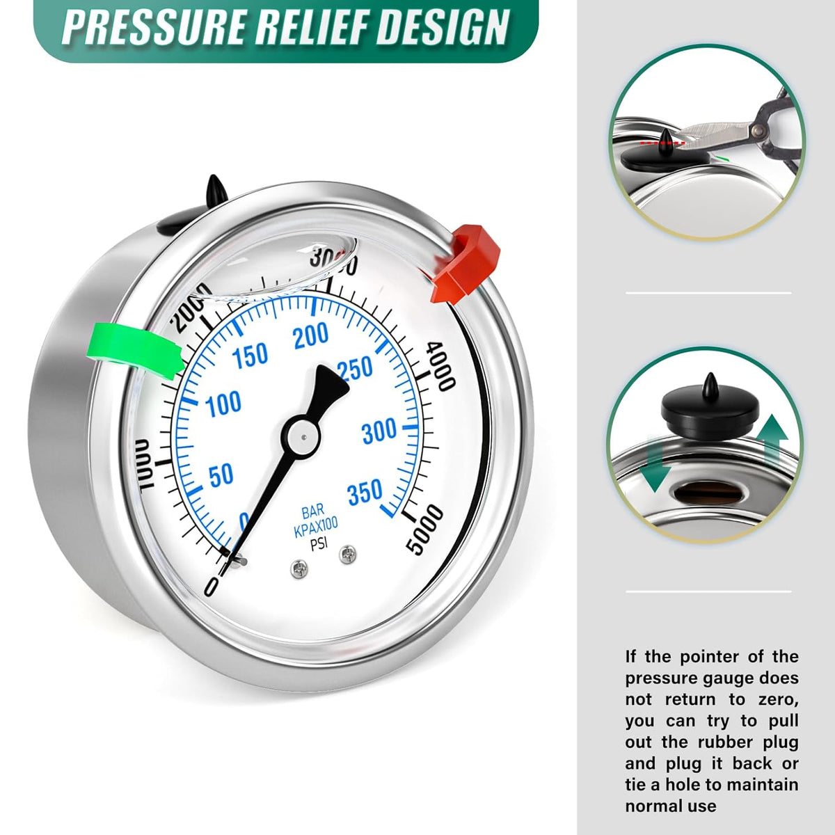 0-5000psi Stainless Steel Glycerin Liquid Filled Pressure Gauge 1/4" NPT 2.5" Face Dial Center Back Mount, for Water, Oil and Air Pressure Testing (with Range Mark Pointer)