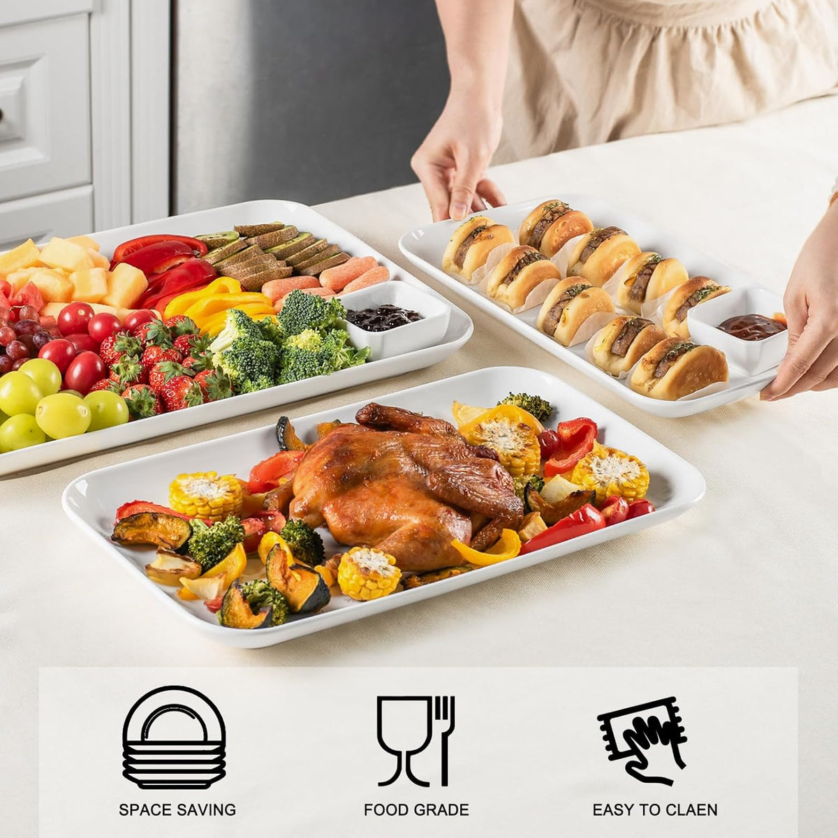 DELLING Serving Platter, 18/16/14inch Large Serving Tray, Serving Platters for Snacks, Fruit, Turkey, Dessert, Serving Trays for Entertaining at Parties and Weddings, Microwave Dishwasher Oven Safe