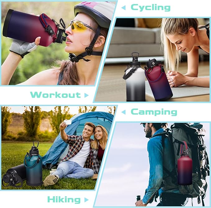 64OZ Vacuum Insulated Water Bottle - Keep Hot Cold Vacuum Flasks with Straw & Spout Lids, Paracord Handle, Water Bottler Carrier Holder & Protective Cup Mat, 1.8L Stainless Steel Water Jug