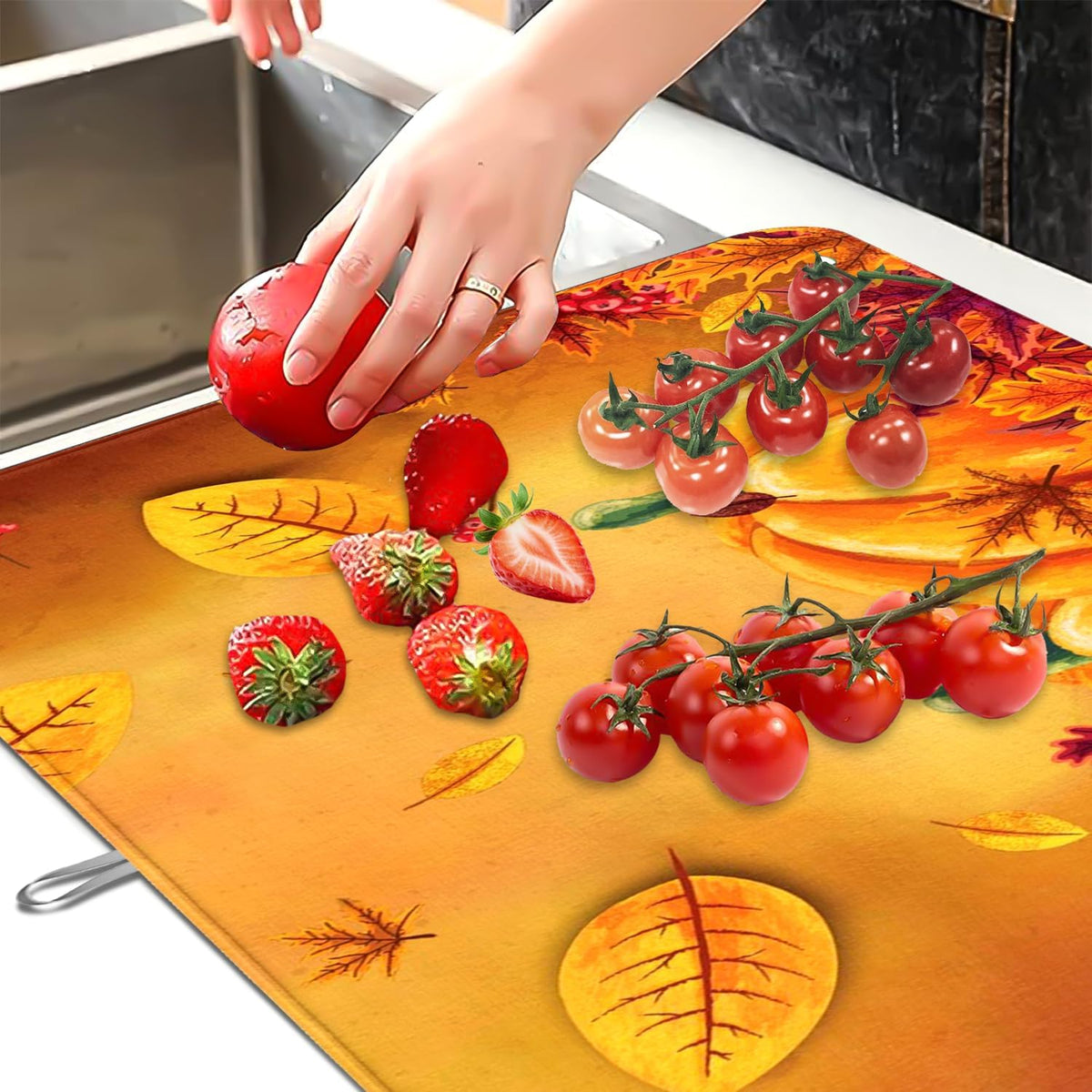 Autumn Fall Dish Drying Mat Harvest Pumpkin Maple Leaf 18 X 24 Inch For Kitchen Counter Reversible Dish Drying Pad Water Absorbing And Drying Mat For Kitchen Coffee Bar Decoration