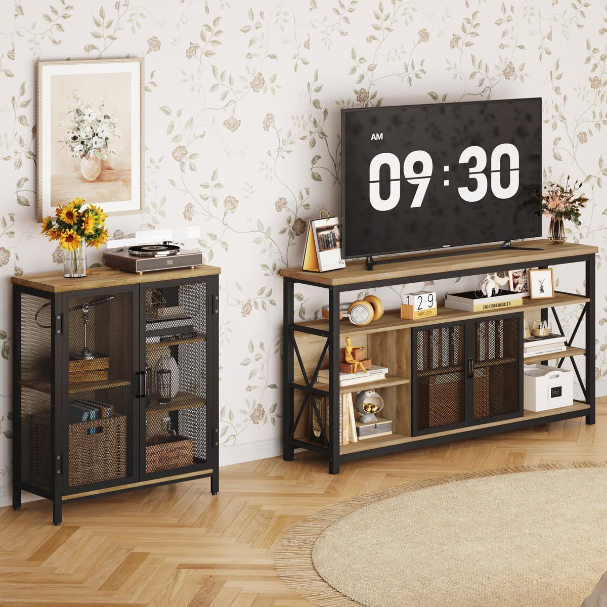 BON AUGURE Coffee Bar Cabinet with Storage for Home Kitchen, Rustic Liquor Cabinet for Entryway, Small Industrial Buffet Sideboard Cabinets for Dining Room (Vintage Oak)