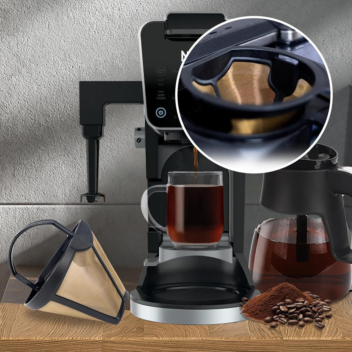 Coffee Permanent Filter for Ninja CFP Dual Brew Models, Reusable Gold Tone Coffee Filter Basket Compatible with Ninja Coffee Makers CFP201 CFP300 CFP301 CFP305 CFP307 (1 Pack)