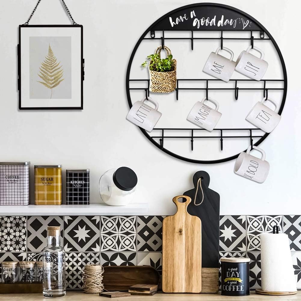 AJART Coffee Bar Decor Mug Holder: 22" Round Square Coffee Cup Rack for Home Kitchen Office Dining Room Cafe Bar
