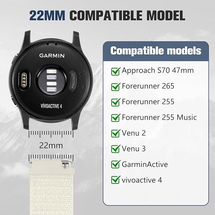 18mm 20mm 22mm Hook and Loop Watch Band Compatible with Garmin Vivoactive 5/ Vivoactive 6/ Vivoactive 3, Soft Nylon Breathable Sport Strap for Venu 2S/ Venu3S/ Forerunner 265s,Venu 3/ Venu 2 Men Women