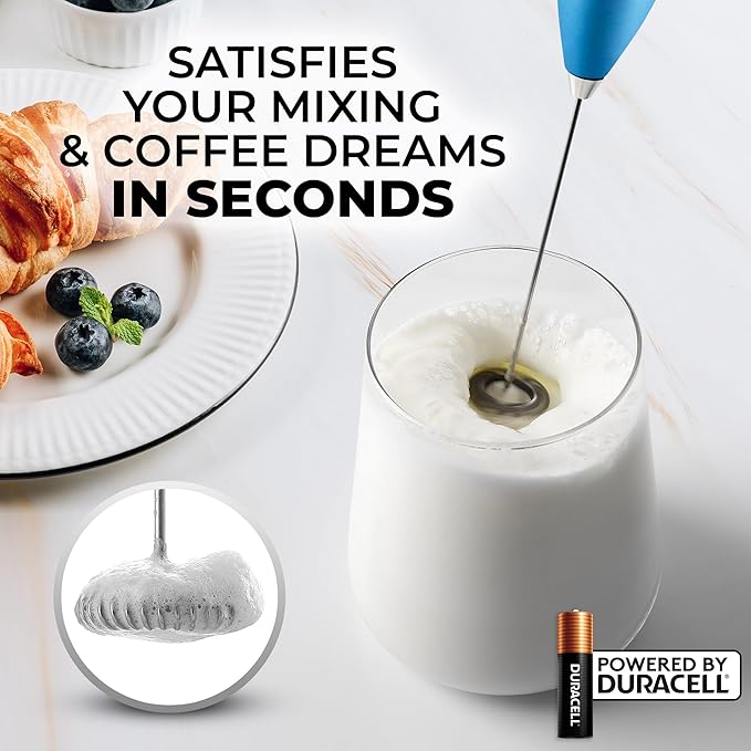 Zulay Kitchen Milk Frother Wand - Handheld Electric Coffee Frother (2 Duracell Batteries Included) - Easy-Clean Wand & Drink Mixer - Metallic Blue