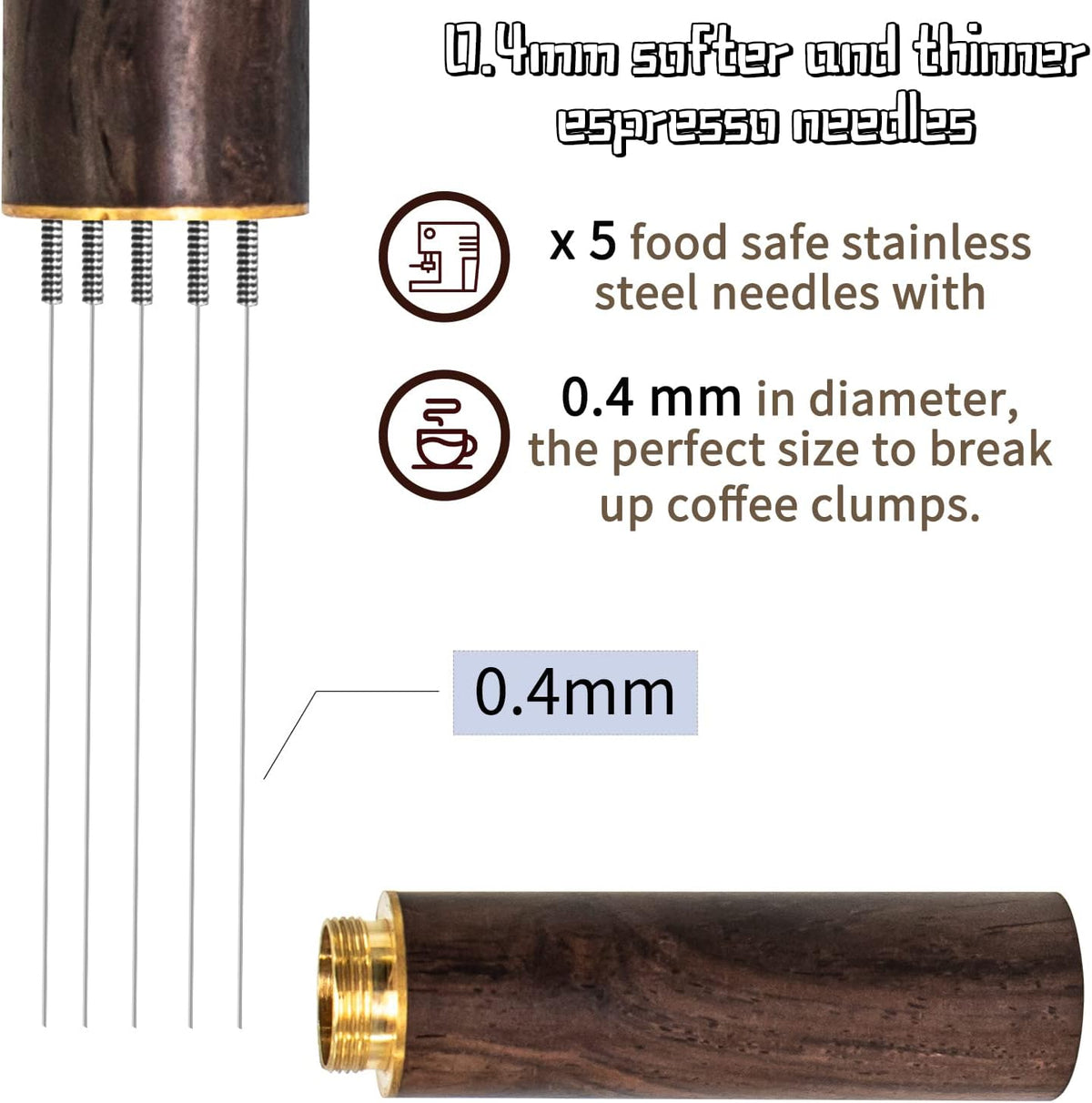 Espresso Coffee Stirrer, Espresso Distribution Tool Coffee Stirring Tool,Professional Barista Hand Needle Type Distribution Tool 5 Needles 0.4mm Natural Wood Handle and Stand