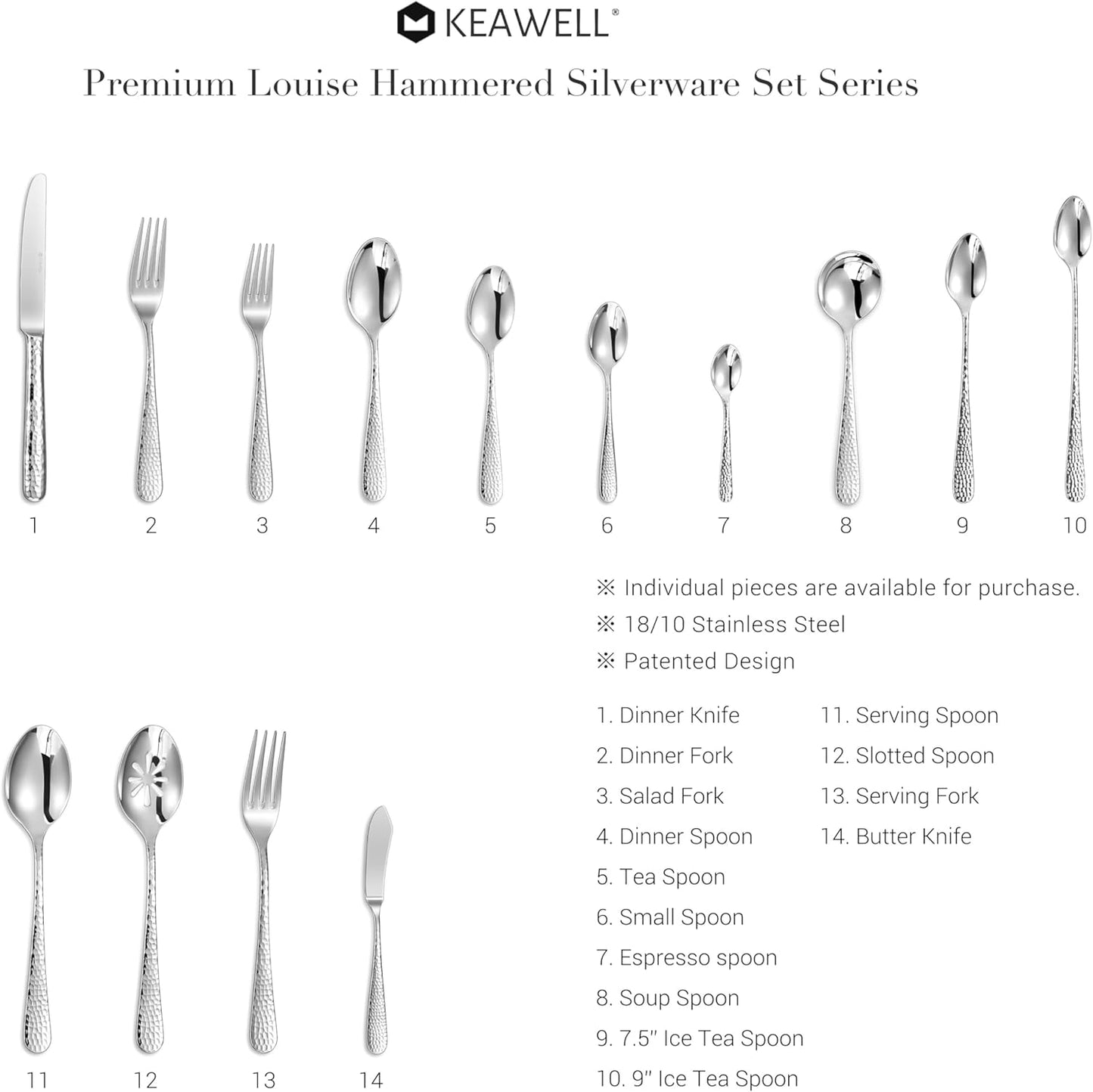 KEAWELL Premium Louise Hammered Demitasse Espresso Spoons: 6-Piece Set, 4.4-Inch Small Size, 18/10 Stainless Steel, Brightly-Mirror polished, Dishwasher Safe (6, 4.4 inches)
