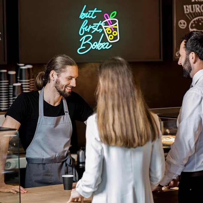 But First Boba Neon Sign Bubble Tea with Cup Neon Sign for Wall Decor Milk Tea Neon Lights Dimmable LED Neon Light Signs for Restaurant Coffee Dessert Shop Party(15.2 * 13in)