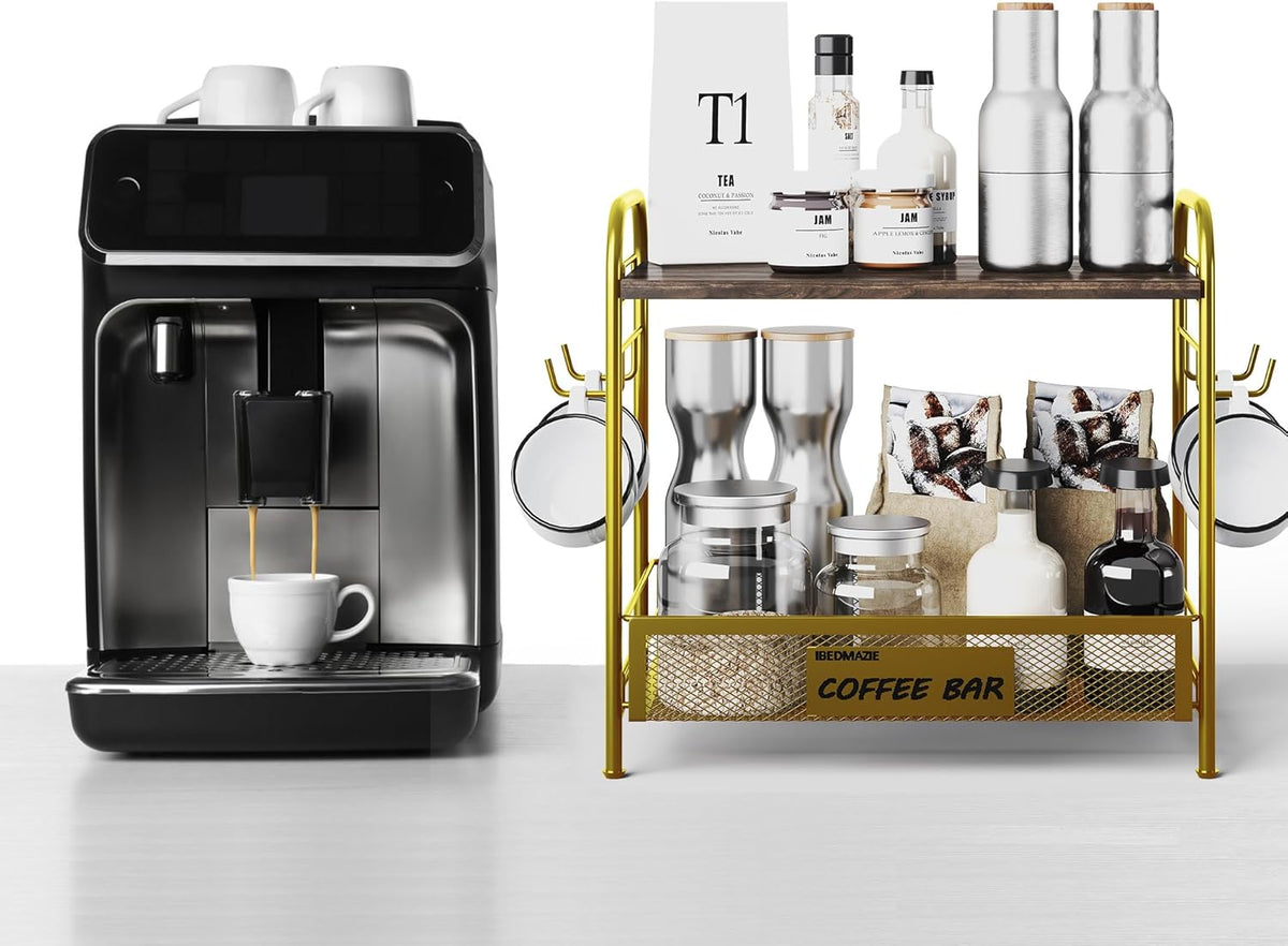 Coffee Bar Organizer for Countertop Station, Simple Assembly 2 Tier Shelf for Home,Office, Coffee Cup Holder Storage Organization for Counter Accessory Storage Rack with 4 Hooks Space-Saving