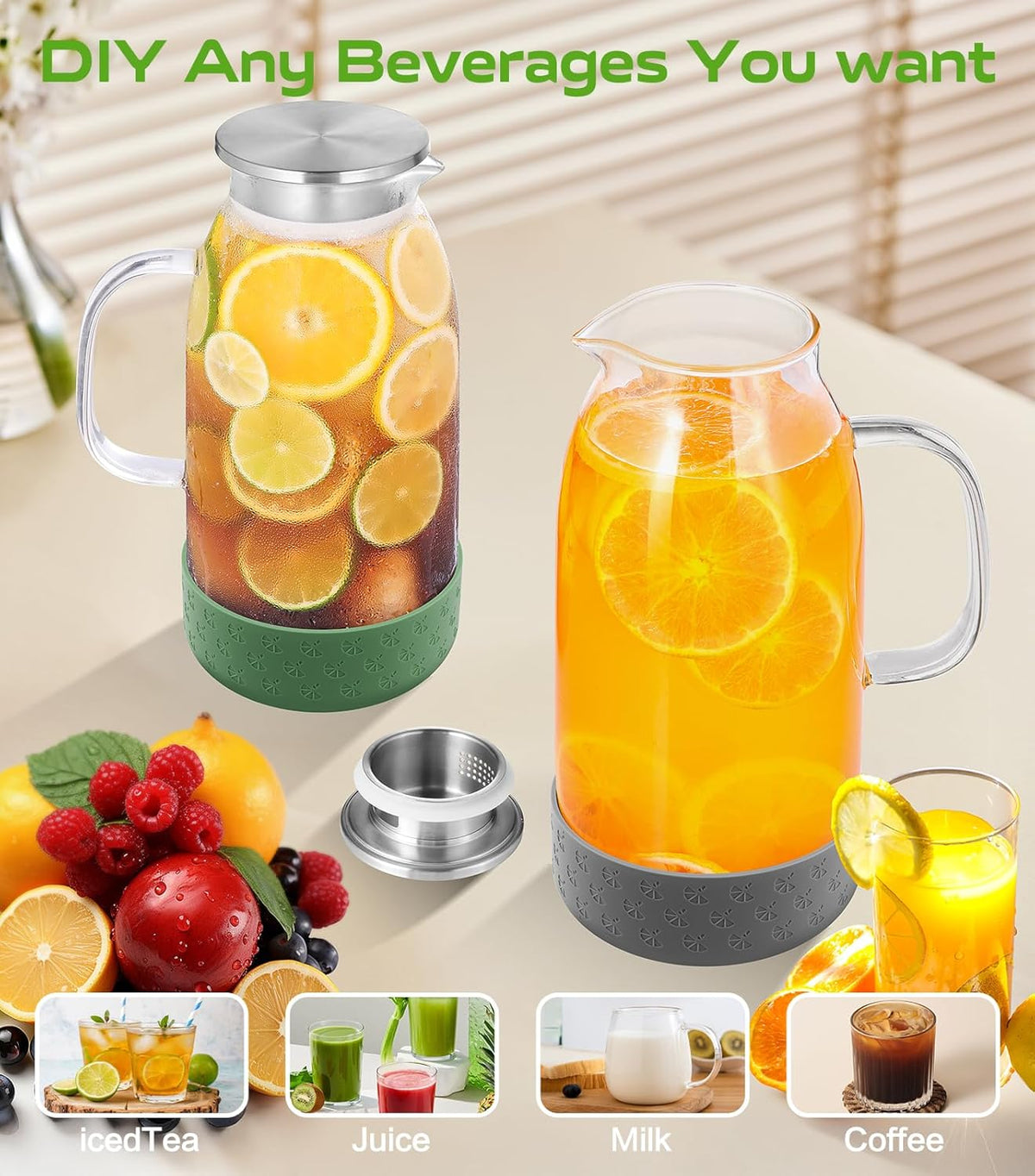 Glass Pitcher with Lid, ZBUFAN 68oz/2 Liter Glass Water Pitcher with Handle and Lid, Anti-Slip Base Juice Jug for Ice Tea, Sun Tea, Sangria, Lemonade Fridge Pitchers for Drinks Gray
