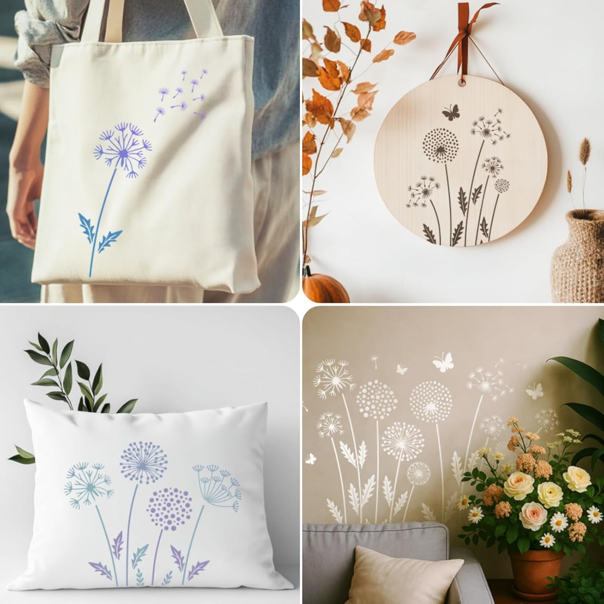 12PCS Large Flower Stencils for Painting 12 x 12 Inch Dandelion Stencil with Brushes Dandelion Floral Stencils for Wood Fence Butterfly Paint Template for Walls Garden Fence Furniture