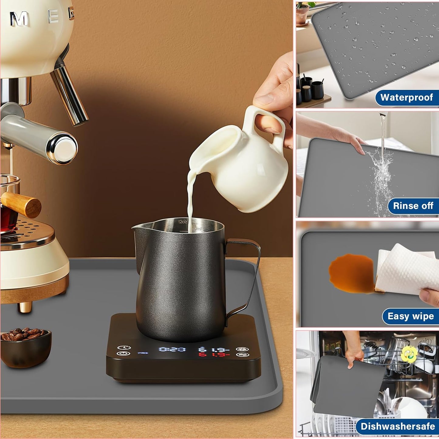 Silicone Coffee Mat - Removable Bar Mat with Concave and Convex Design, Leak-Proof and Non-Slip, Suitable for Use Under the Coffee Machine to Keep the Countertop Clean (Grey24"x16")