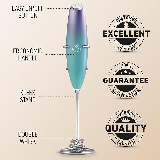 Zulay Kitchen Tornado Whisk Milk Frother with 4 AA Duracell Batteries - Triple Whisk for More Power - Handheld Coffee Frother with Stand - Drink Mixer for Lattes, Matcha & Protein Shakes