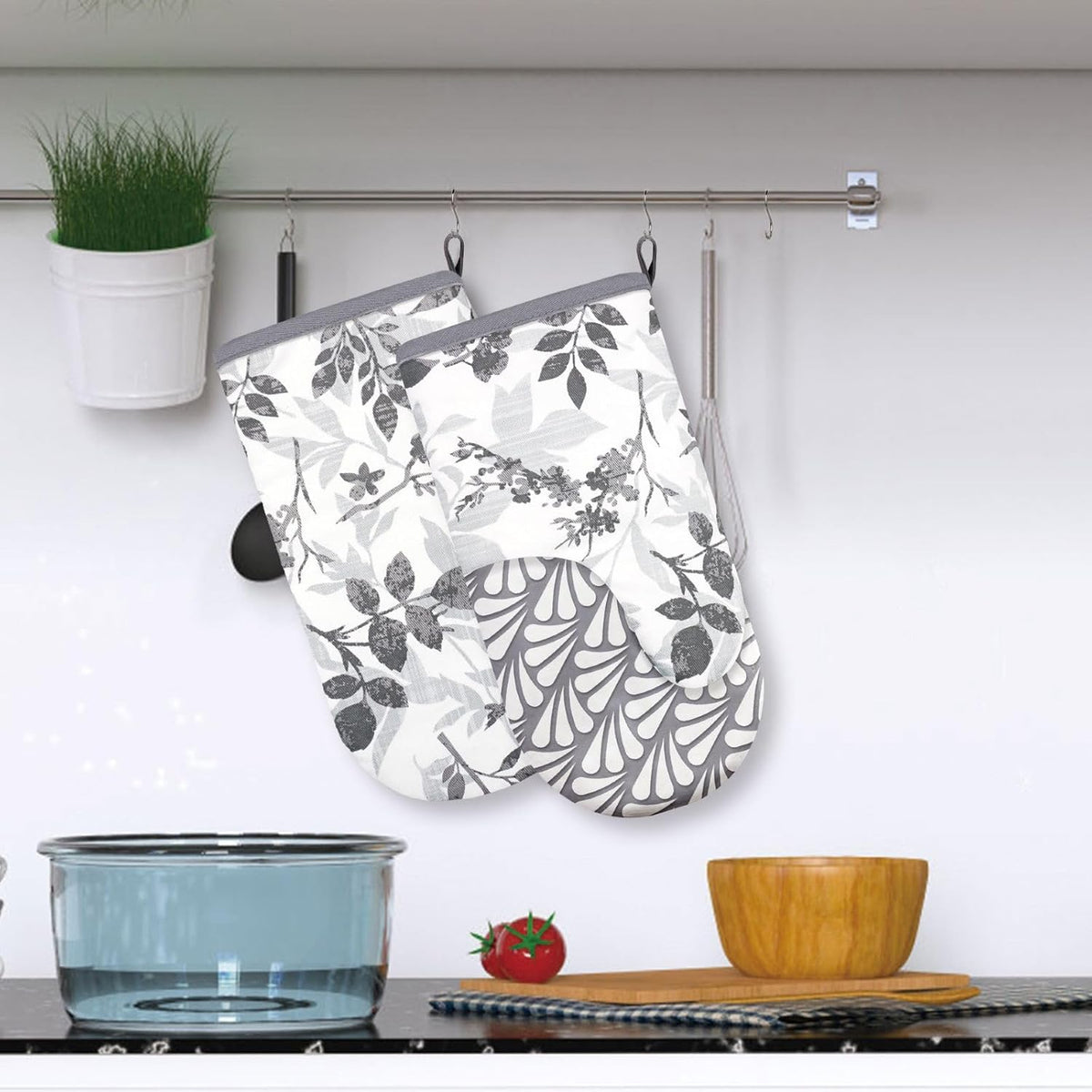 Thumb Oven Mitts, Heat and Slip Resistant Silicone Kitchen Mittens 2-Pack Set, Foliage Textured Flower Soft Long Oven Gloves, Flexible Thick Potholders for Safe Baking Cooking and Gr (Grayish)
