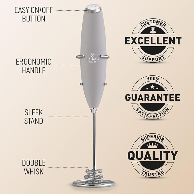Zulay Kitchen Tornado Whisk Milk Frother with 4 AA Duracell Batteries - Triple Whisk for More Power - Handheld Coffee Frother with Stand - Drink Mixer for Lattes, Matcha & Protein Shakes