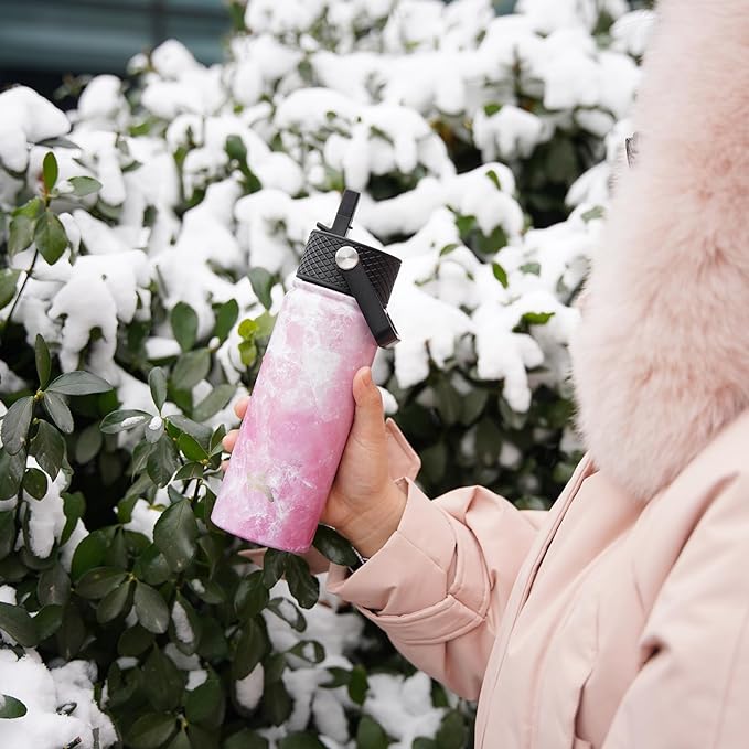 22oz Stainless Steel Bottles with 3 Lids Sport Insulated Water Bottle,Marble Blossom