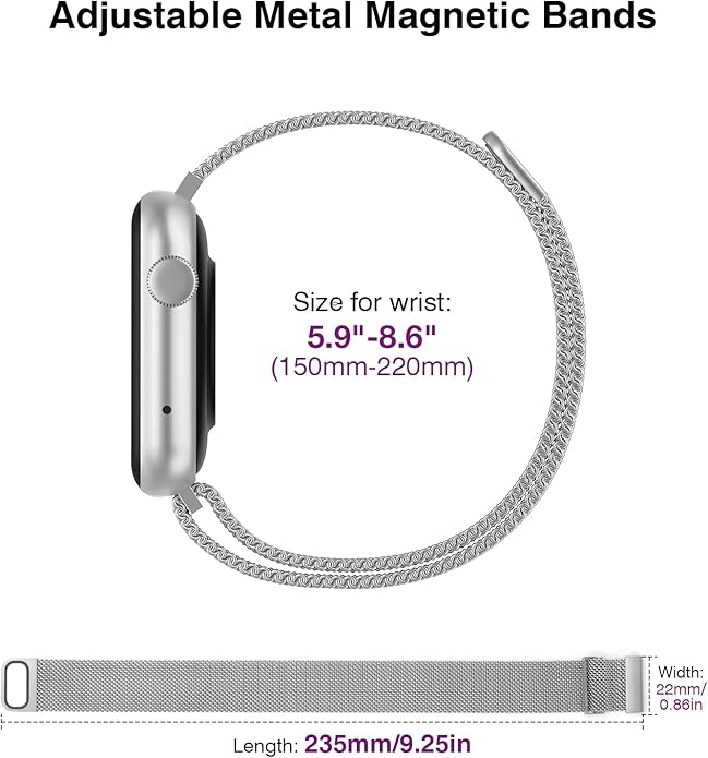 22mm Magnetic Stainless Steel Smartwatch Bands – Quick Release Milanese Loop Replacement Strap for Men Women – Stylish, Adjustable, Anti-Snag Edge, Comfortable Fit, Compatible with Smartwatches