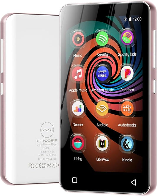 160GB MP3 Player with Bluetooth and WiFi, innioasis Music Player with Spotify,Pandora,Amazon Music,4" Touch Screen Android MP4 MP3 Player for Kids with Libby,Audible,Spotify Kids (White+Pink)