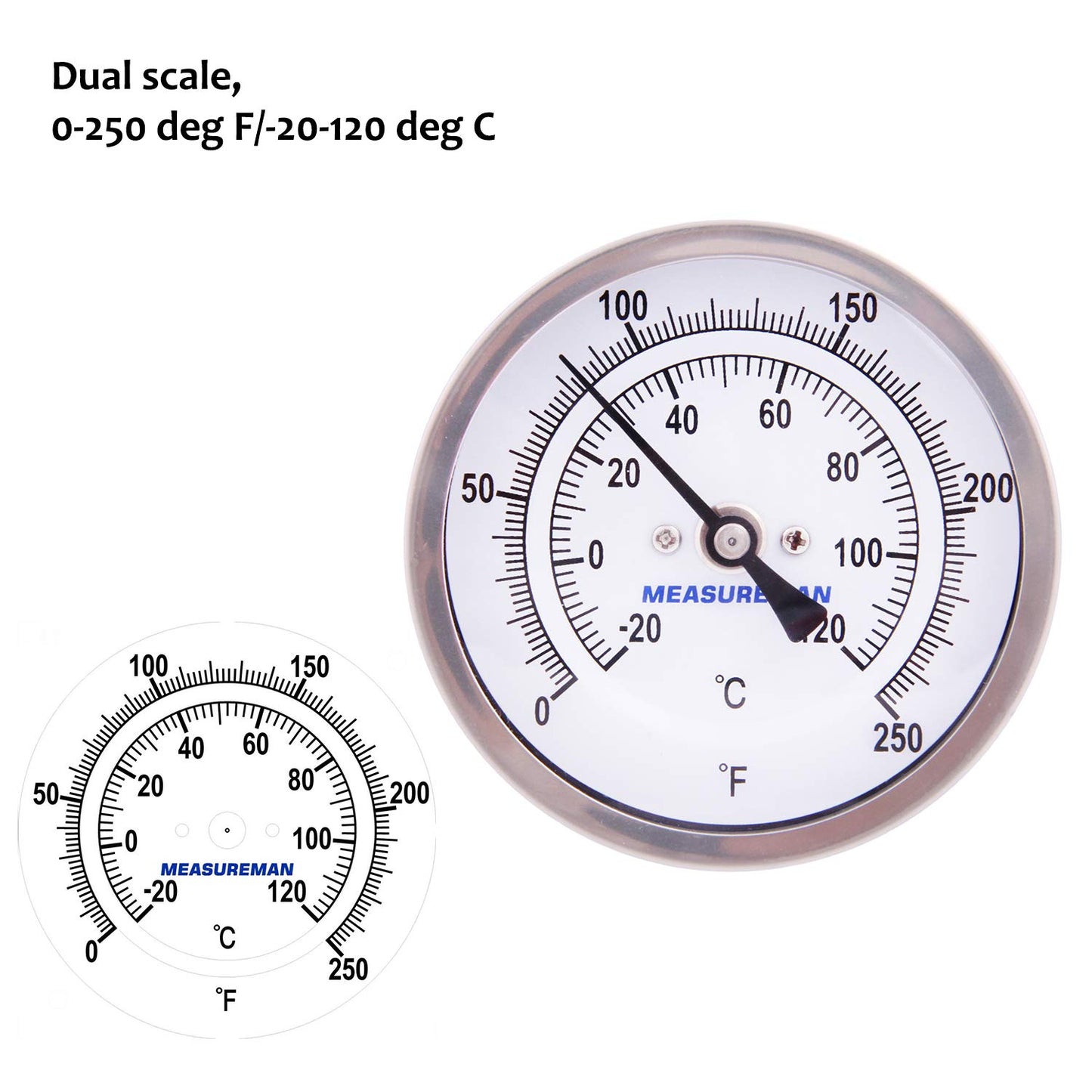 MEASUREMAN Fully Stainless Steel Pot, Kettle, Brewing Bimetal Thermometer, 3" Dial, 2-1/2" Stem, 0-250 deg F/-20-120 deg C, -1% Accuracy, Adjustable, 1/2" NPT Back Mount