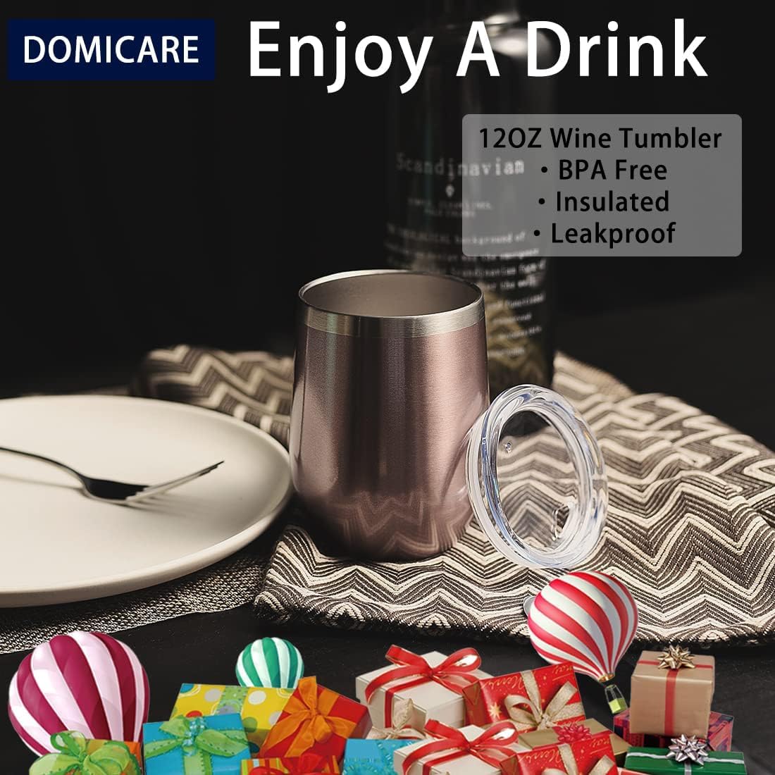 DOMICARE Stainless Steel Wine Tumbler Bulk with Lid, 12oz Travel Coffee Cups, Personalized Rose Gold Insulated Tumblers Set, Pack of 1