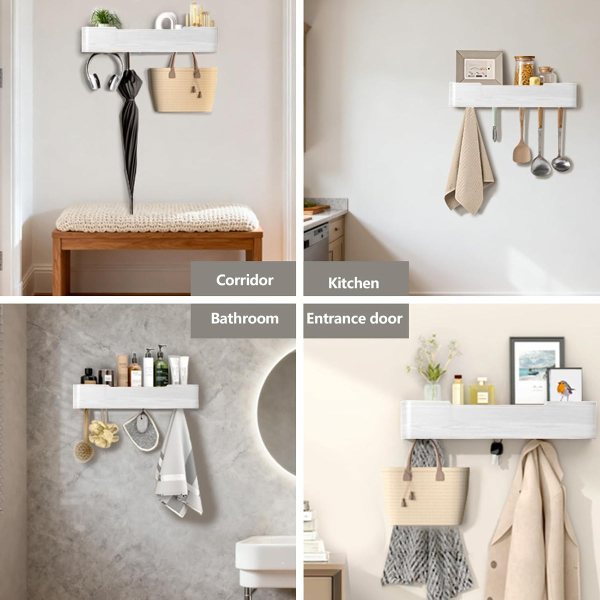 Coat Rack Wall Mount Entryway Organizer Modern Key Holder Wall Mount with Wooden Shelf Entryway Hooks for Bedroom Kitchen Hallway Bathroom for Hanging Coats Hats Bags Towels