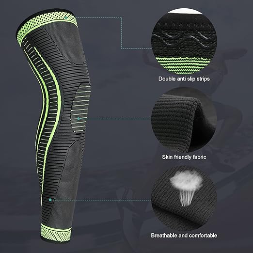 2 Pack Full Leg Compression Sleeves, Long Knee Brace Support for ACL,PCL, Meniscus Tear, Arthritis, Tendinitis, Joint Pain Relief, Men And Women (Green, Small)