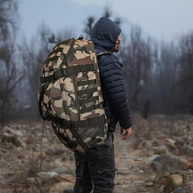 65L Large Duffle Bag, 3-in-1 Tactical Backpack MOLLE Pack for Gym, Sports, Outdoor, Woodland