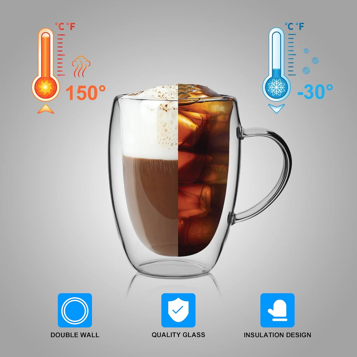 LIBWYS 6 Pack Double Walled Coffee Cups Glasses Mugs, 12oz Espresso Cappuccino Latte Tea Cups with Handle, Heat Resistant Borosilicate Clear Glasses 350ml