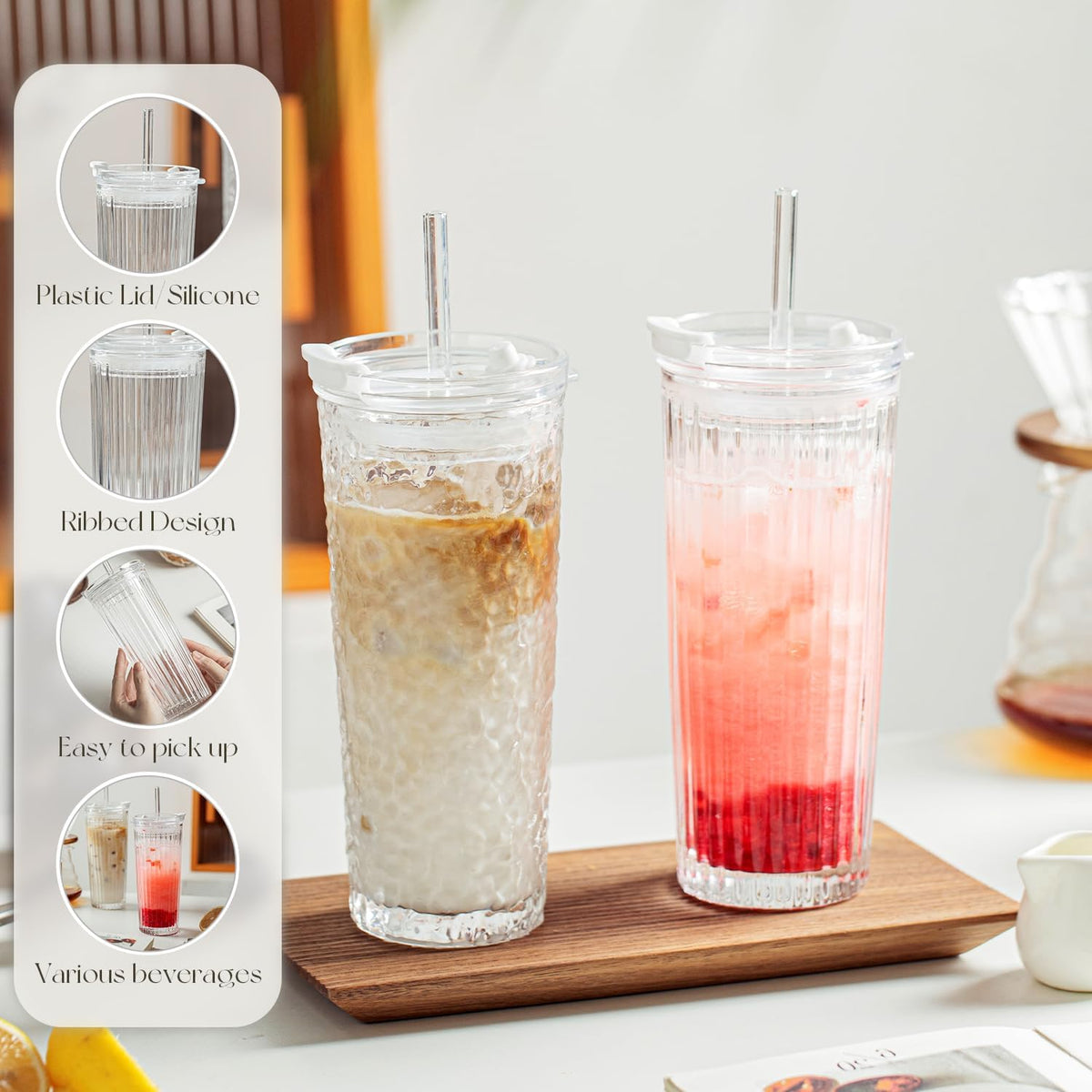 KEMORELA Ribbed Glass Tumbler with Straw and Lid – 18oz Durable Leak-Proof Drinking Cup for Hot and Cold Beverages – Stylish Design, Ideal for Iced Coffee, Smoothies, and More (2PCS-A)