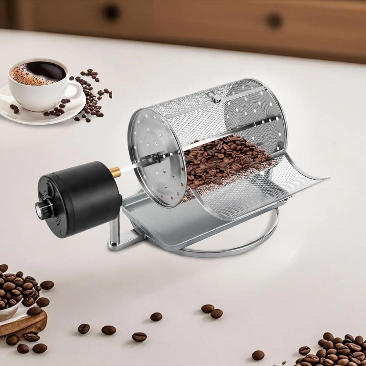 Coffee Roaster Machine for Home Use, Stainless Steel 14W Electric Coffee Roaster Machine with Tray, Speed Adjust, Auto-matic Nuts Coffee Bean Roaster Drum for Homes, Cafes, Hotels Silver