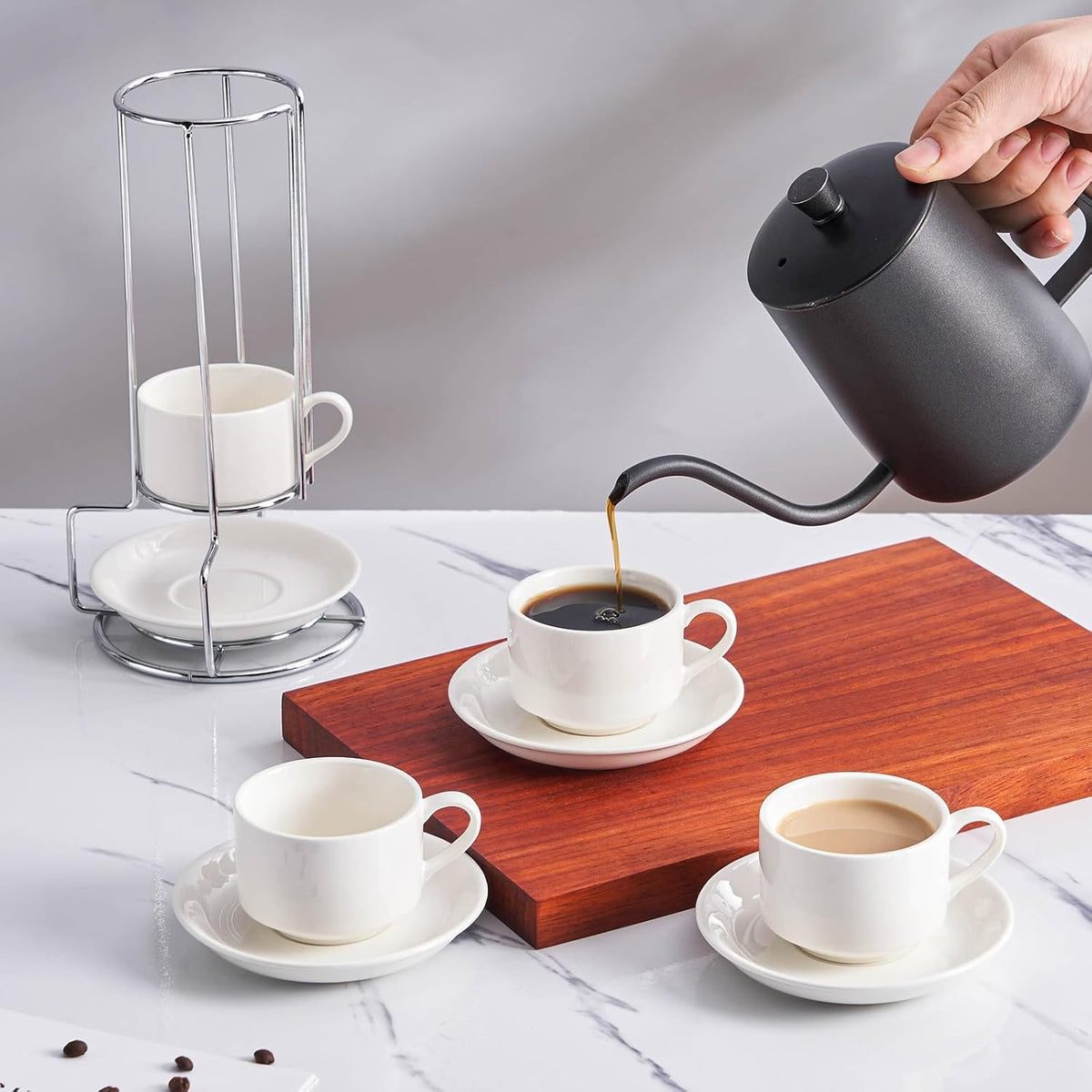 2.5 Ounce Porcelain Espresso Cups with Saucers and Silver Stand, White Stackable Cups Set of 4