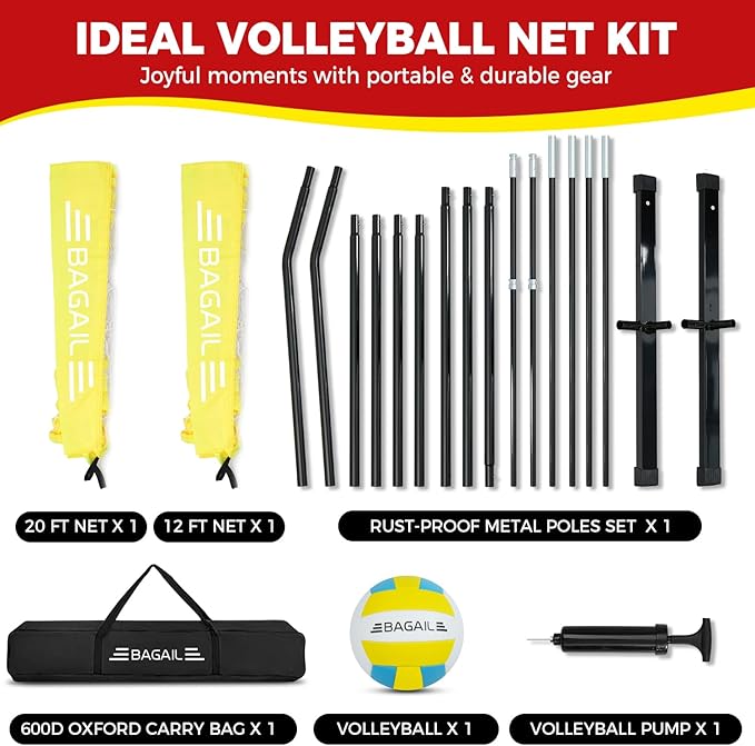 BAGAIL Volleyball Net, 12ft/20ft Portable Volleyball Net for Backyard - Adjustable Height, Heavy-Duty Frame, Freestanding Design - Portable Outdoor/Indoor Volleyball Set with Carry Bag