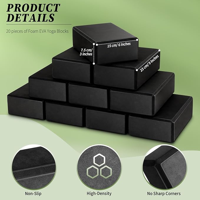 Yilloog 20 Pcs Foam EVA Yoga Blocks - High Density Non Slip Supportive Foam Blocks - Lightweight Black Yoga Bricks - Props for Women, Men, Beginners, Pilates, Meditation