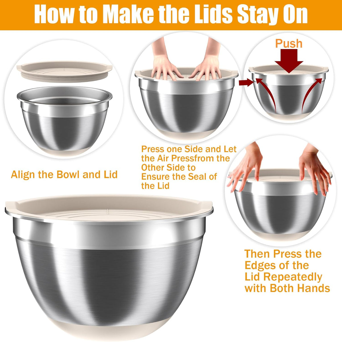 Mixing Bowls with Airtight Lids Set, 4 Stainless Steel Bowls Nesting Bowls & Colander, Kitchen Organizers and Storage Non-Slip Bottom, Size 1.5/2.0/2.5/4.5QT, Great for Mixing & Serving, Khaki