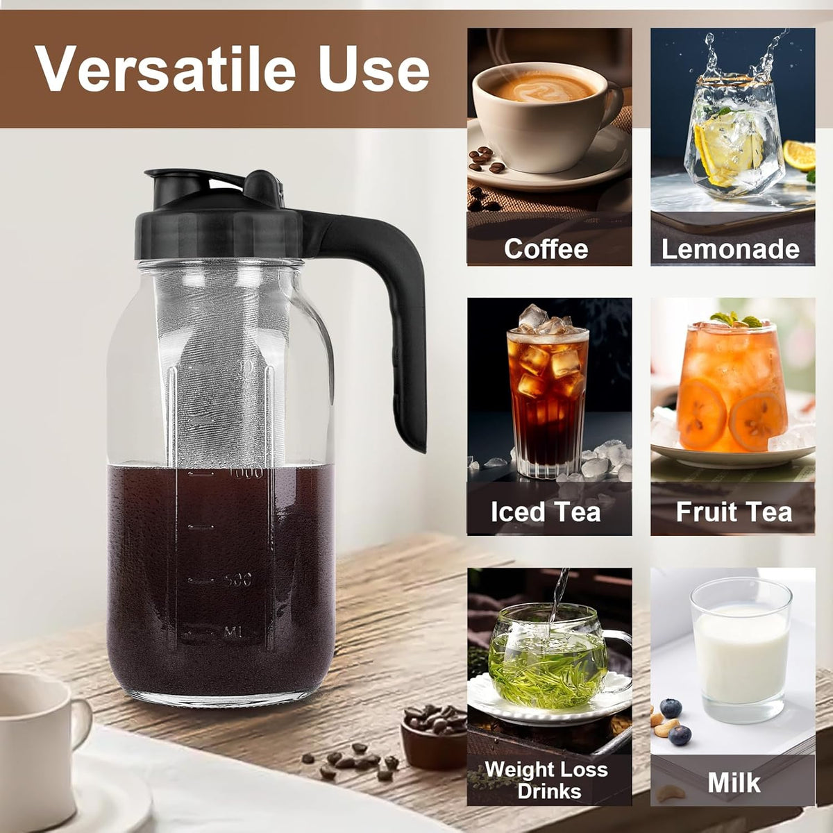 Cold Brew Coffee Maker Pitcher,32 Oz Glass Mason Jar Pitcher with V-shaped Pour Spout Handle Lid,Stainless Steel Filter for Iced Coffee,Iced tea,Breast Milk,Fruit Drinks,lemonade-Black