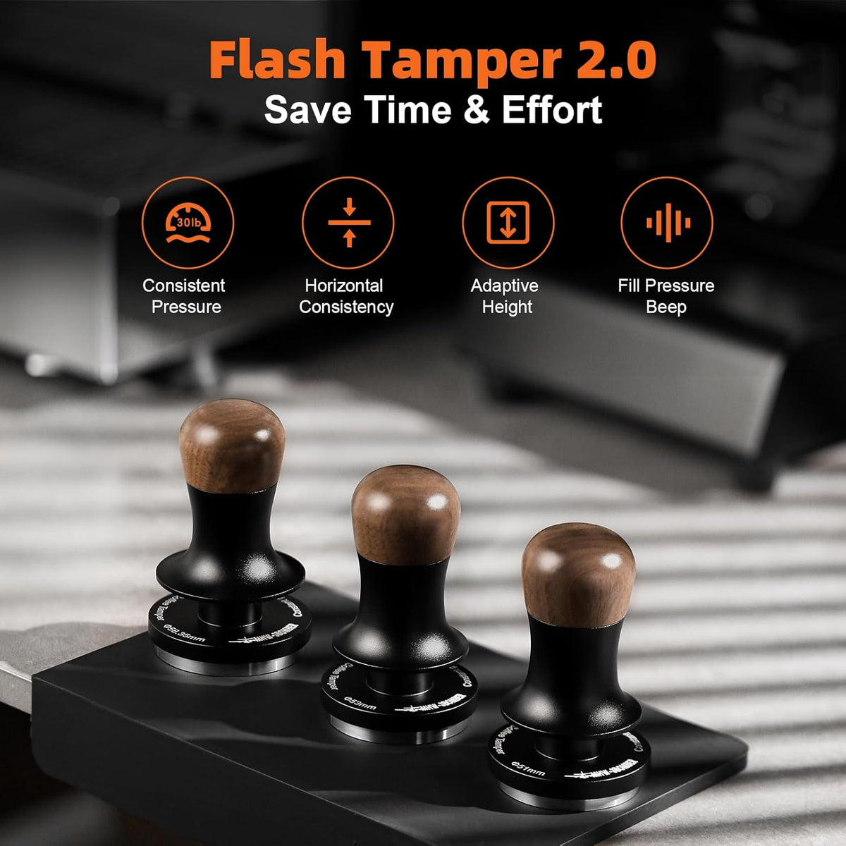 MHW-3BOMBER 58.5mm Espresso Tamper - 3 Spring Loaded Coffee Tamper with Sound Feedback - Barista Tamper Tool Espresso with 15lb / 30lbs Replacement Springs - Walnut Handle SUS304 Flat Base T7067F-OS
