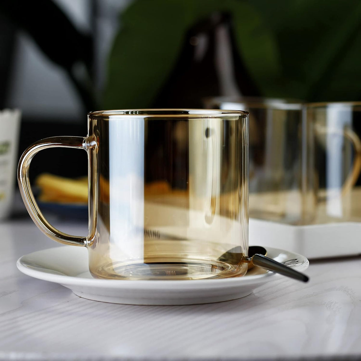 LUXU 4pcs Set Simple Glass Coffee Mugs-Hand Blown&Seamless Design,14 oz Amber Coffee Cups-Heat Resistant and Explosion-Proof,Lightweight Tea Mugs with Anti Scald Handle Ideal for Home,Cafe,Coffee Bar