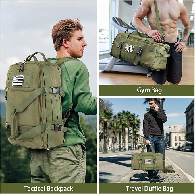 ETRONIK Gym Bags for Men, Large Tactical Duffle Backpack with Shoe Compartment, 3 in 1 Carry on Bag Travel Backpack with Wet Pocket, Weekender Overnight Range Bag for Workout Football Gym, Green
