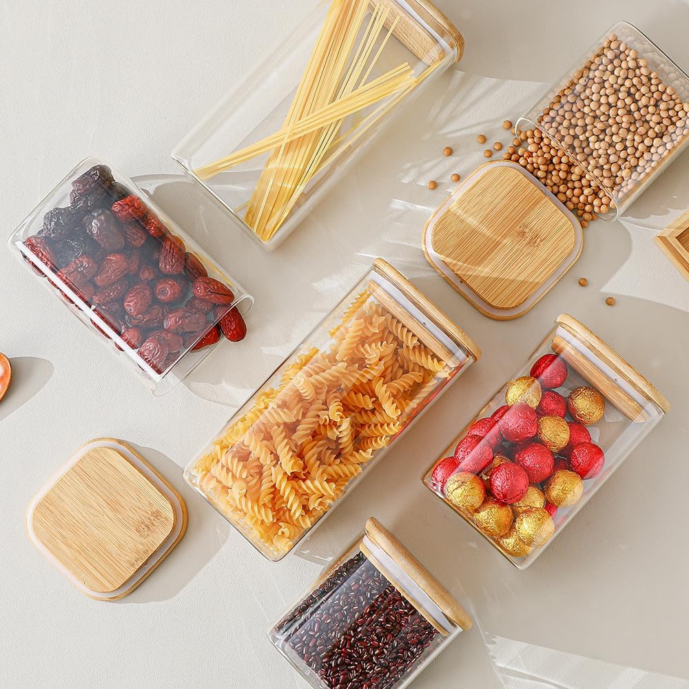 Glass Food Storage Containers with Lids 6 Pack(25oz/37oz/50oz), High Borosilicate Glass Jars for Coffee Bean, Candy, Cookie, Flour, Square