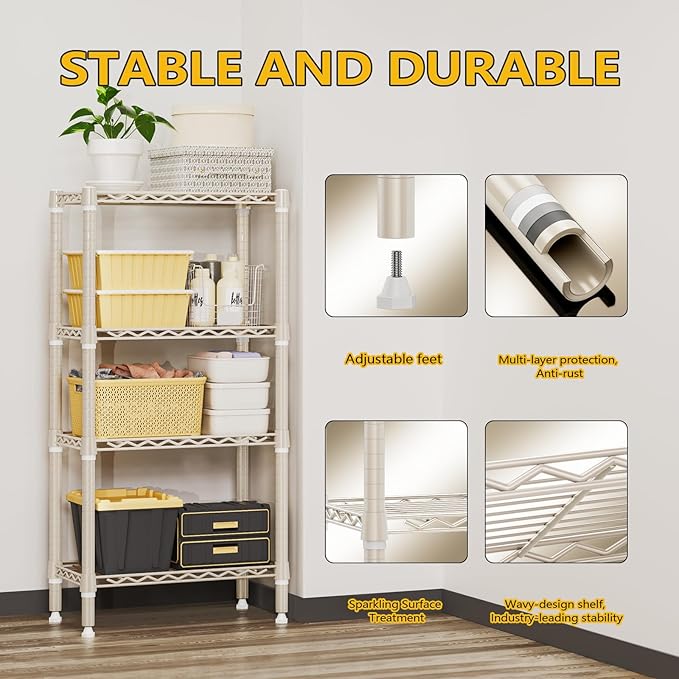 1000 lbs 4 Tier Shelf Metal Storage Shelves Wire Rack Closet Organizers for Garage Kitchen Bathroom Laundry Light Tan 11.8" D x 23.6" W x 47.5" H
