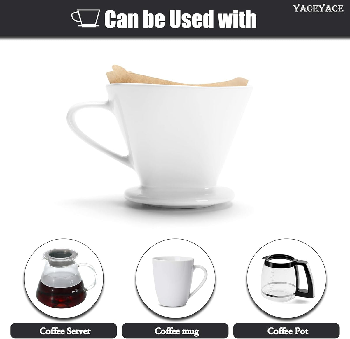 Pour Over Coffee Maker, Single White Ceramic Coffee Dripper with 3 Holes, Large Coffee Pour Over for Shop, Office, Home