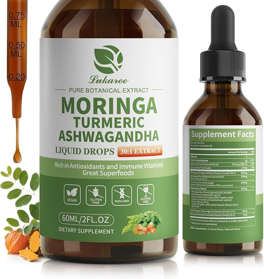 12-in-1 Lipsomal Moringa Leaf Drops with Ashwagandha Turmeric Quercetin, 98% Absorption & 30:1 Pure Moringa Extract for Energy Immune Joint Digestive Support, Vegan Non-GMO Gluten-Free