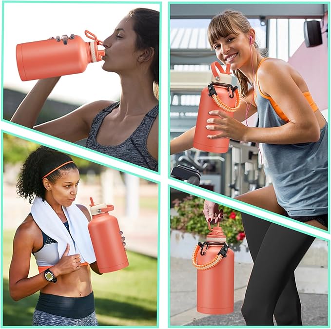 64oz Insulated Water-Bottle with Strap - Half Gallon Water Jug with Straw & Spout Lid, 2 Liter Stainless Steel Water Bottle Leak Proof, Cold-48h Hot-24h Metal Flask w/Paracord Handle, Carrier Case