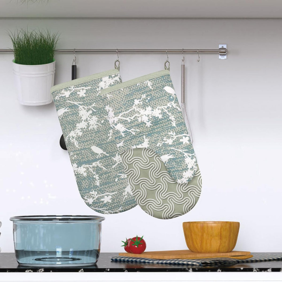 Thumb Oven Mitts, Heat and Slip Resistant Silicone Kitchen Mittens 2-Pack Set, Aqua Birds Soft Long Oven Gloves, Flexible Thick Potholders for Safe Baking Cooking and Grilling (Aqua)